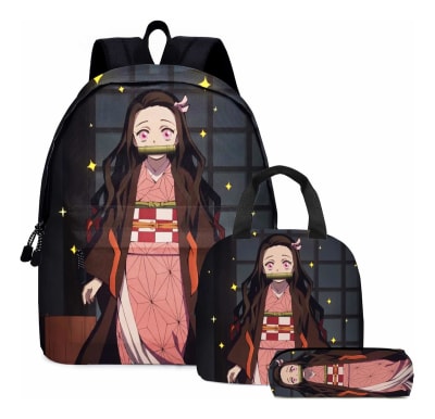 Mochila Escolar Diseño Nezuko + Lonchera + Estuche Demon