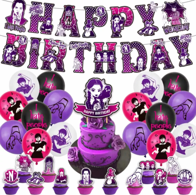 Kit Cumpleaños Decoración Dibujos Merlina Addams Animados1