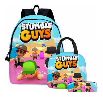 Mochila Escolar Diseño Stumble Guys + Estuche + Lonchera