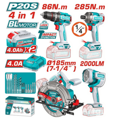 COMBO INALÁMBRICO DE TALADRO + ATORNILLADOR + SIERRA CIRCULAR + LAMPARA 20V 4PCS TOSLI251082 TOTAL