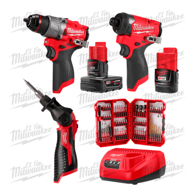 COMBO M12 FUEL TALADRO 1/2 + ATORNILLADOR DE IMPACTO 1/4 + CAUTIN + SET DE PUNTERAS 60 PCS