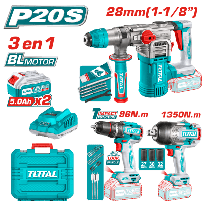 COMBO 20V ROTOMARTILLO 28MM + TALADRO 96NM + LLAVE IMPACTO 1350NM 2X5.0AH + ACC INDUSTRIAL