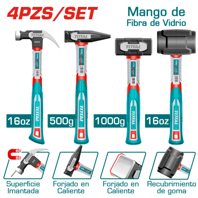 COMBO MARTILLOS: UÑA 16OZ + MECANICO 500G + ALBAÑIL 1000G + GOMA 16OZ TOTAL - THCH6004