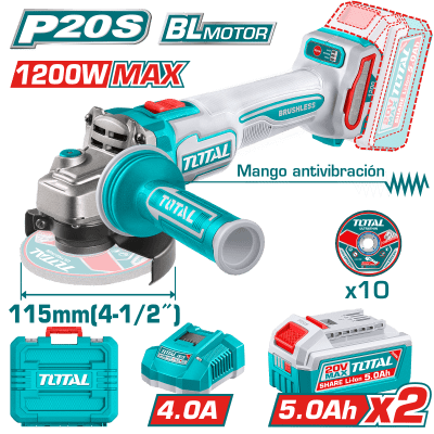 AMOLADORA 4.5 20V BL 3000-9000RPM 115MM M14 1200W ANTI-VIBRACION 2X5, 0A TOTAL- TAGLI2120252