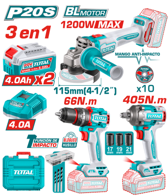 COMBO 3EN1 20V TALADRO 66NM + LLAVE 405NM + AMOLADORA 1200W 2X4.0AH + ACC MALETIN INDUSTRIAL