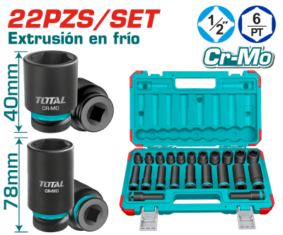SET DADOS IMPACTO CORTO/LARGO 1/2'' 2X(10-24)MM 22PCS CR-MO MALETIN - THKISD12221L