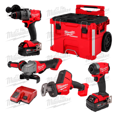 KIT COMBINADO DE 4 HERRAMIENTAS MILWAUKEE M18 FUEL + CAJA PACKOUT CON RUEDAS