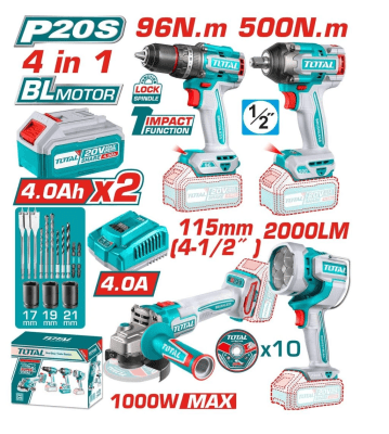 COMBO 4 EN 1: TALADRO 96NM + LLAVE DE IMPACTO 550NM + AMOLADORA + LINTERNA TOTAL / TOSLI241292