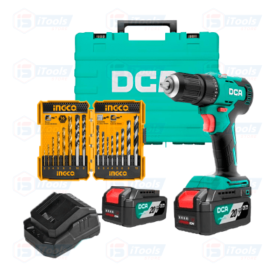 TALADRO PERCUTOR ATORNILLADOR INALAMBRICO 20V 4,0AH DCA + SET DE BROCAS COMBINADO METAL CONCRETO MADERA 16 PCS.