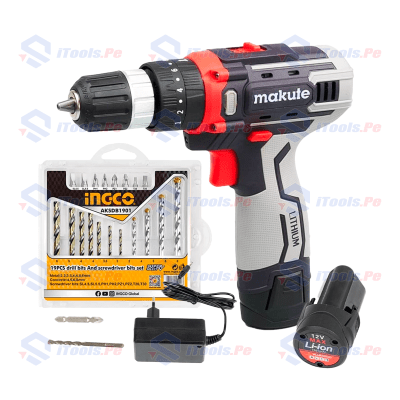 KIT TALADRO PERCUTOR MAKUTE 12V + SET BROCAS 19 PCS INGCO