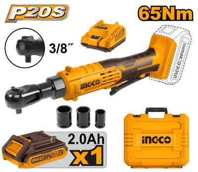 LLAVE RACHET INALAMBRICA 20V INGCO + BATERIA 2AH + CARGADOR + MALETA / CDRLI2060152