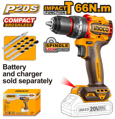TALADRO PERCUTOR BRUSHLESS 20V 66NM BARETOOLS INGCO / CIDLI206681