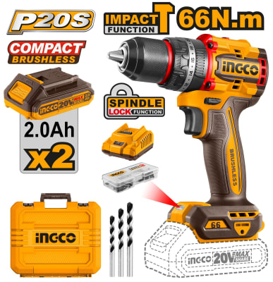 TALADRO ATORNILLADOR C/ PERCUTOR BRUSHLESS 20V 66NM INGCO / CIDLI20668