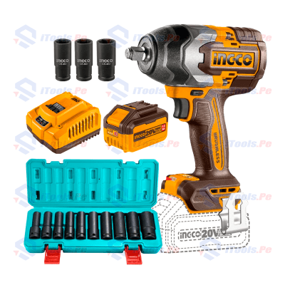 KIT LLAVE DE IMPACTO 850 NM INGCO + BATERÍA 6AH + CARGADOR RÁPIDO 4AH + JUEGO DE DADOS 10PCS TOTAL