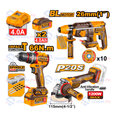 COMBO 3 EN 1 ROTOMARTILLO + AMOLADORA + TALADRO + 3 BATERÍAS 4AH