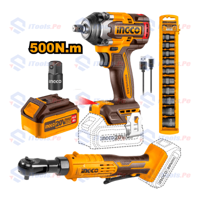 Kit llave de impacto ingco 20v 500nm + llave ratchet + set dados de impacto
