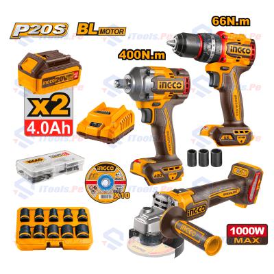 KIT TALADRO 66NM + AMORLADORA 1000 W + LLAVE DE IMPACTO 400 NM + SET DE DADOS 10 PCS INGCO