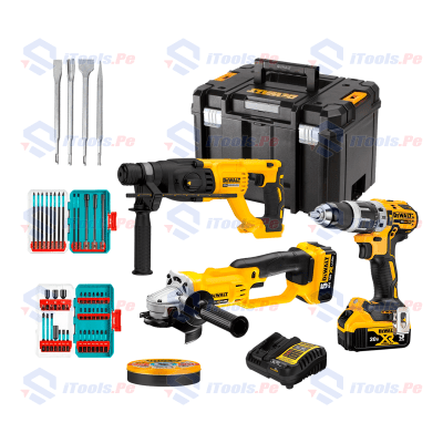 COMBO INDUSTRIAL DEWALT INALÁMBRICO DE TALADRO + ESMERIL + ROTOMARTILLO Y ACCESORIOS