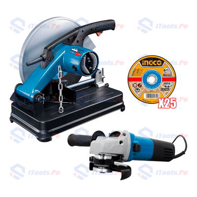 MEGACOMBO TRONZADORA 2600 W + AMOLADORA ANGULAR 1020W + DISCOS DE CORTE 25 PCS