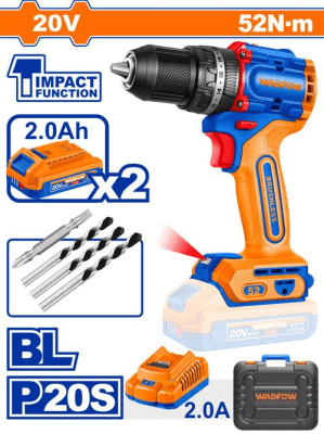 TALADRO INALAMBRICO SIN ESCOBILLAS 20V 52NM WADFOW / WCDP5281
