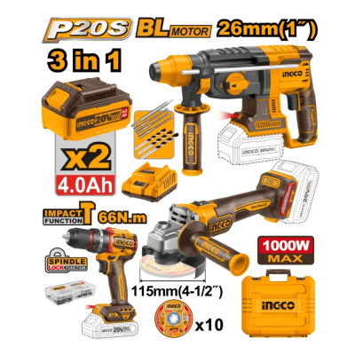 COMBO: Taladro percutor 66NM + Amoladora 1000W + Rotomartillo 2.5J SDS PLUS INGCO / COSLI241198