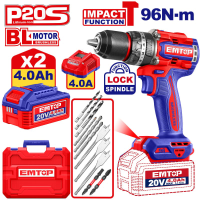 TALADRO PERCUTOR 1/2'' 20V 96N.M + 2 BAT 4.0 AH + CARG EMTOP
