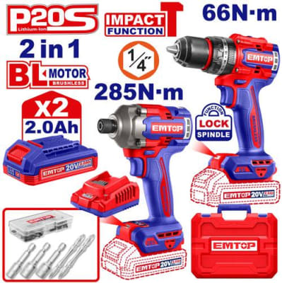 COMBO TALADRO PERCUTOR 66NM + ATORNILLADOR DE IMPACTO 285NM 20V EMTOP ECKL20277