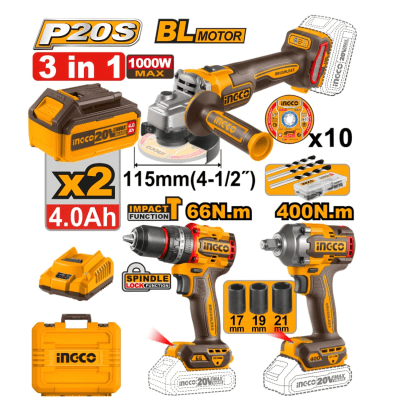 Combo industrial taladro percutor + amoladora + llave de impacto Ingco / COSLI241291