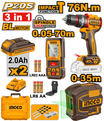 COMBO 3 EN 1: TALADRO 76NM + NIVEL LASER 35MTS LUZ VERDE + MEDIDOR DE DISTANCIA INGCO COSLI250511