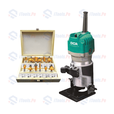 RUTEADORA DE MANO 550W METAL DCA+ JUEGO DE 12 FRESAS PARA MADERA VÁSTAGO 1/4