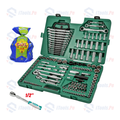 KIT JUEGO DE HERRAMIENTAS 150 PCS SATA + RACHET EXTENDIBLE TOTAL + PANETON SOL DE SAYAN