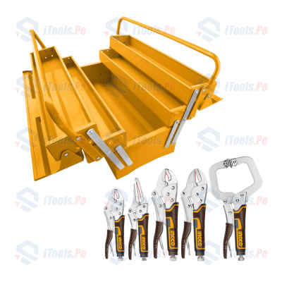 KIT CAJA DE HERRAMIENTAS 3 NIVELES + JUEGO DE ALICATES 5PCS INGCO