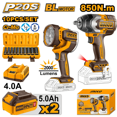 Kit combinado 2 baterías 5,0 ah + LLAVE DE IMPACTO 850 nm + linterna 2000 lm + accesorios