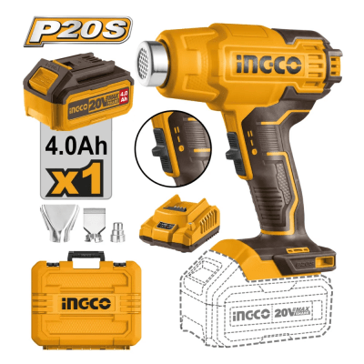 PISTOLA DE CALOR INGCO 20V + 1 BATERÍA 4.0AH + CARGADOR HGLI20025