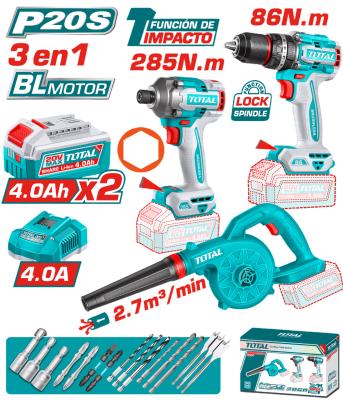 COMBO 3 EN 1 TALADRO IMP. 86NM + ATORNILLADO 285NM + SOPLADOR 2X4.0AH + ACC INDUSTRIAL - TOSLI250883