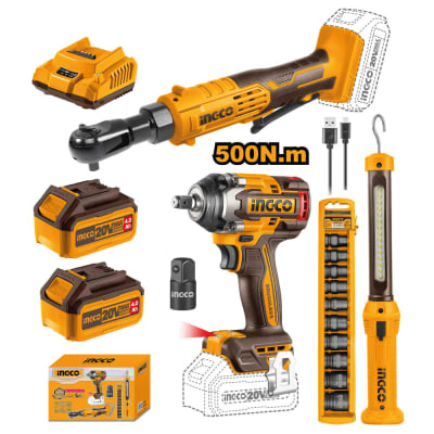 Kit Llave De Impacto Ingco 20V 500nm + Llave Ratchet + Set Dados De Impacto + Linterna
