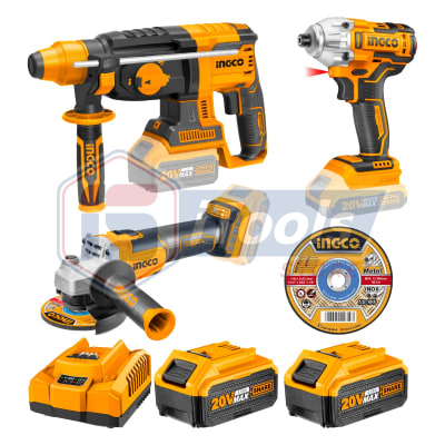 PACK ROTOMARTILLO + ESMERIL + ATORNILLADOR DE IMPACTO 20V INALAMBRICO INGCO
