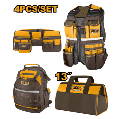 Kit 4 Porta Herramientas Ingco Chaleco + Mochila + Bolso + Cinturón COS230908