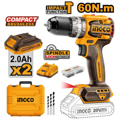 TALADRO ATORNILLADOR PERCUTOR BRUSHLESS CHUCK METÁLICO INGCO 20V -  CIDLI20602
