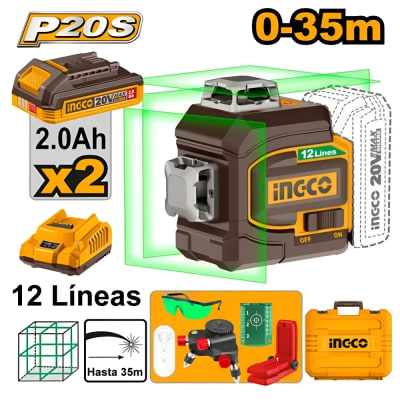 NIVEL LÁSER VERDE 3D 12 LÍNEAS 360° 20V 35M + BATERIAS 2.0AH + CARGADOR INGCO / HLL3012165