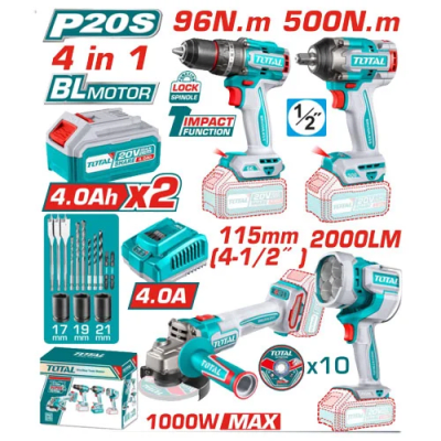 COMBO 4 EN 1: TALADRO 96NM + LLAVE DE IMPACTO 550NM + AMOLADORA + LINTERNA TOTAL / TOSLI241292