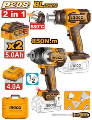COMBO LLAVE DE IMPACTO 1/2 850NM + PISTOLA DE CALOR 580 °C 20V INGCO / COSLI260381