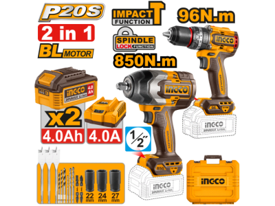 KIT COMBO P20S 20V TALADRO ATORNILLADOR C/PERCUTOR 96NM + LLAVE DE IMPACTO 850NM C/ 2 BAT 4.0AH + CA