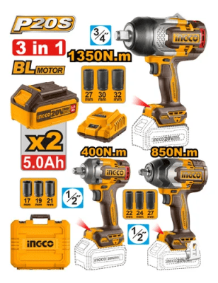 Combo 3 Llaves de Impacto 1350NM + 850NM + 400NM + 2 Baterías 5AH + Cargador