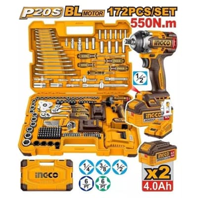 KIT DE HERRAMIENTAS DE 172PCS + LLAVE DE IMPACTO 550NM 20V + 2 BAT 4.0AH + CARGADOR INGCO HKTHP41723