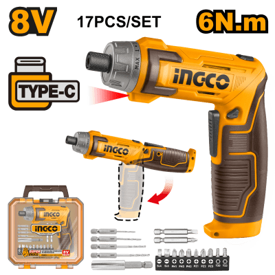 ATORNILLADOR FLEXIBLE INALAMBRICO 8V 6NM BATERIA CARG TIPO C PUNTAS INGCO / CSDLI08025