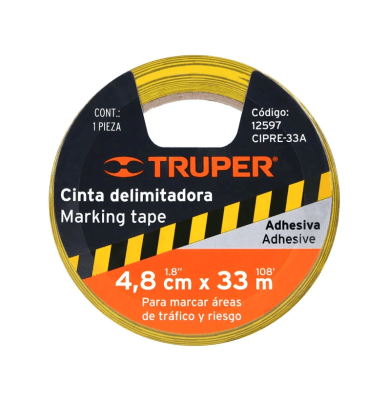 CINTA DELIMITADORA AMARILLA / NEGRO ROLLO DE 33 M TRUPER / 12597