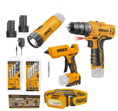 PACK ATORNILLADOR 12V + LINTERNAS + PISTOLA SILICONA Y BROCAS INGCO