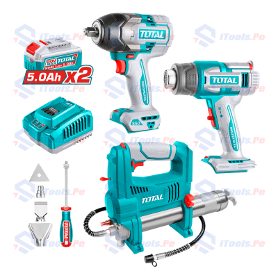 PACK LLAVE DE IMPACTO 850 NM + PISTOLA DE CALOR 20V+ ENGRASADORA 20V TOTAL