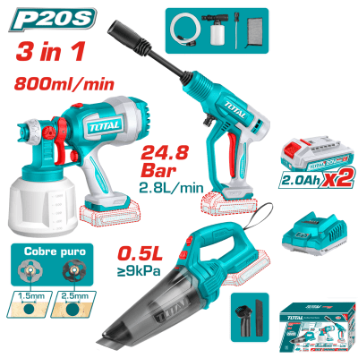 COMBO 20V PISTOLA PINTAR + LAVADORA + ASPIRADORA 2X2.0AH + ACC EDIC.LIMITADA
